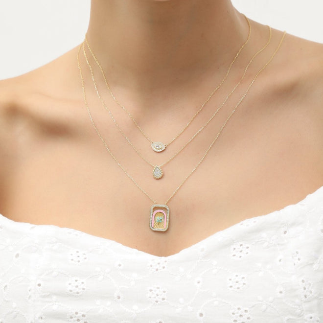 14 ayar altın pave teardrop large milgrain kolye ön görünüm