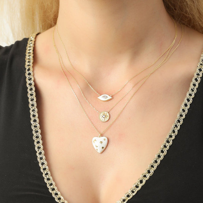 14 ayar altın beyaz mine nazar kolye kombin