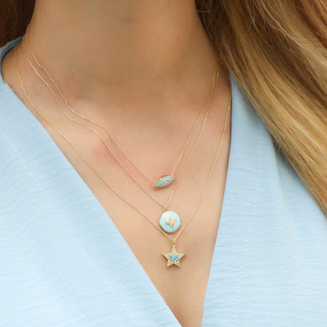 14 ayar altın baget taşlı gök mavisi yıldız kolye ön görünüm