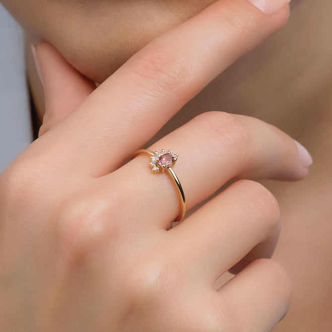 14 Ayar Pembe Oval Turmalin Pırlanta Vintage Altın Yüzük  mankenli elde