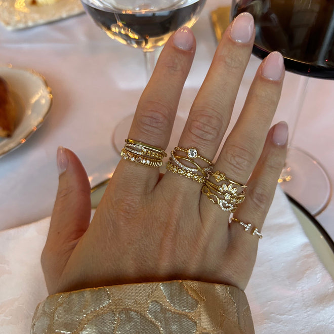altın çiçekli tam tur kadın yüzük kombin çoklu kulllanım