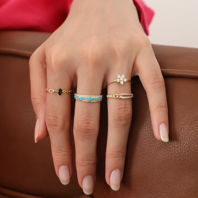 14 ayar altın mavi mineli zirkon taşlı kadın yüzük kombin