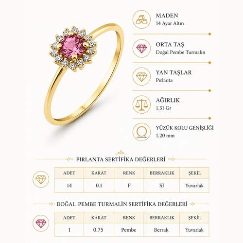 Pırlantalı Yuvarlak Kesim Doğal Pembe Turmalin Yüzük Ürün Özellikleri