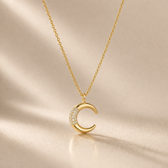 tas detayli ay şeklinde kolye