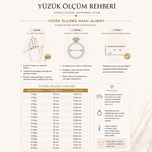 yüzük ölçüm rehberi görseli yüzük ölçüsü nasıl alınır anlatımı ölçüm tablosu ve parmak ölçü rehberi premium bilgilendirme tasarımı
