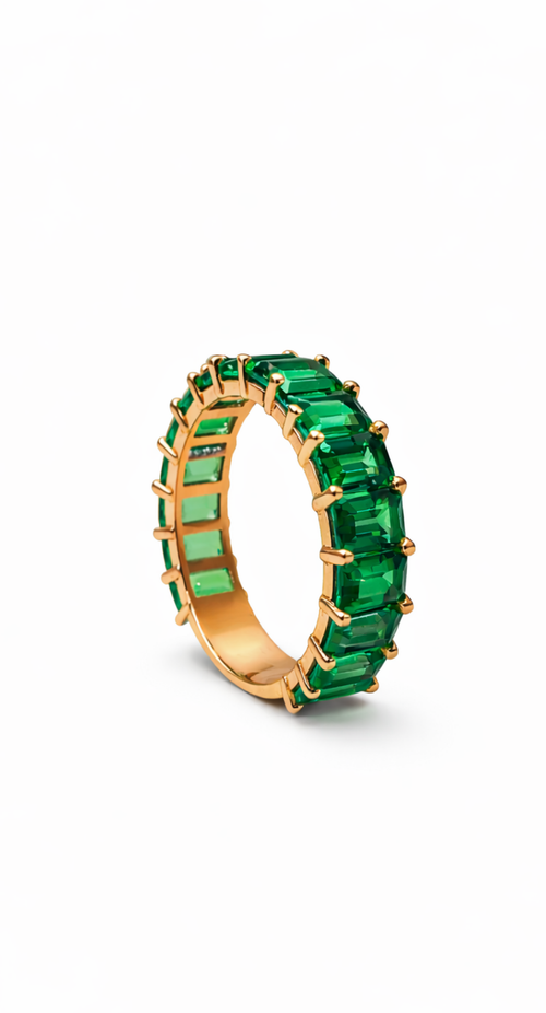 14 Ayar Altın Laboratuvar Üretimi Zümrüt Baget Sıra Taş Yüzük